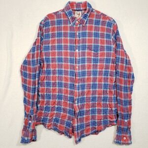 Relwen Button Down Crinkle Shirt Mens Large Red Blue Plaid Textured Cotton Light
